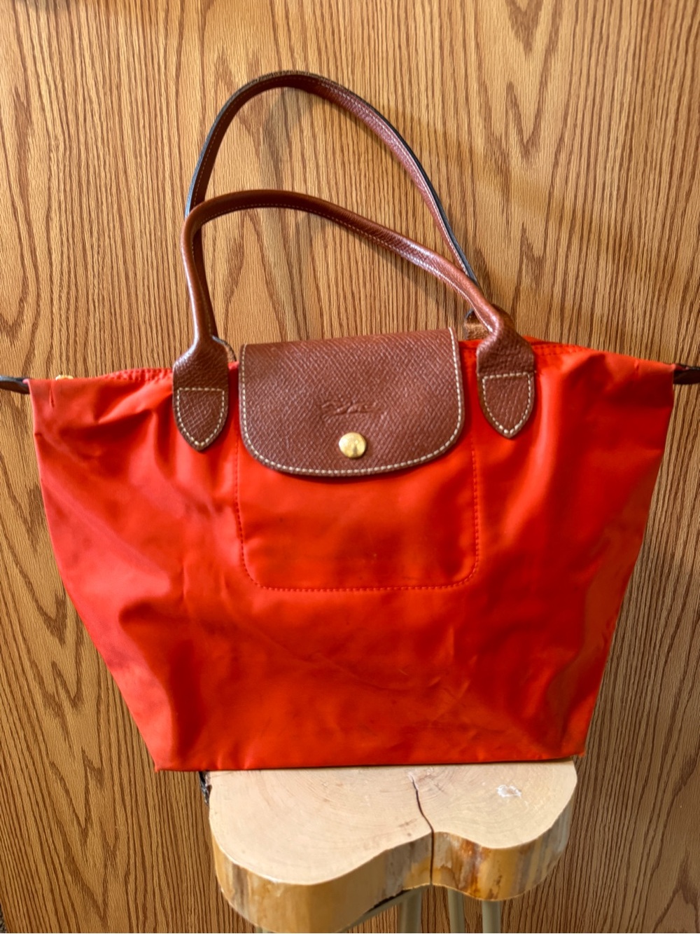 Longchamp Le Pliage Orange Nylon Shoulder Tote Brown Leather